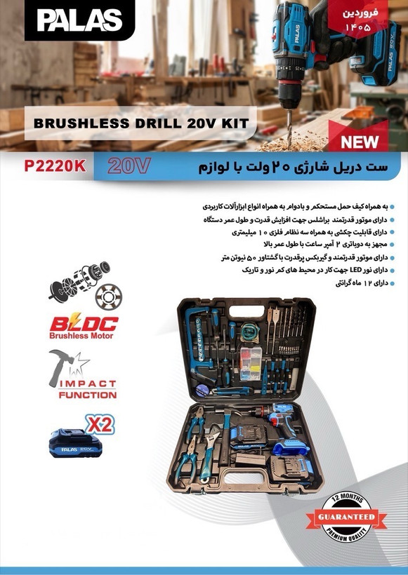 کیت دریل شارژی ۲۰ ولت با لوازم پالاس مدل P2220K