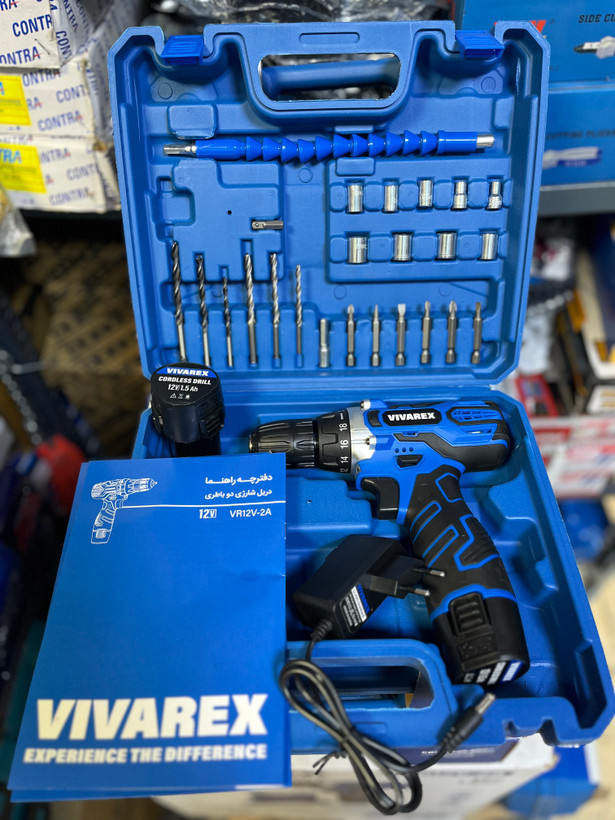 دریل پیچ گوشتی شارژی دو باطری با لوازم ویوارکس مدل VR12V-2A