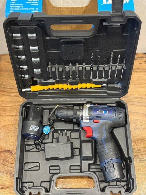 دریل پیچگوشتی شارژی دو باطری ۱۲ ولت با لوازم اکتیو مدل AC-2812BM