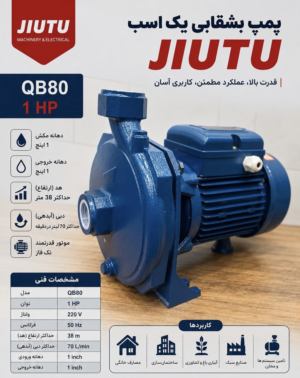 پمپ آب بشقابی یک اسب جیوتو مدل QB80