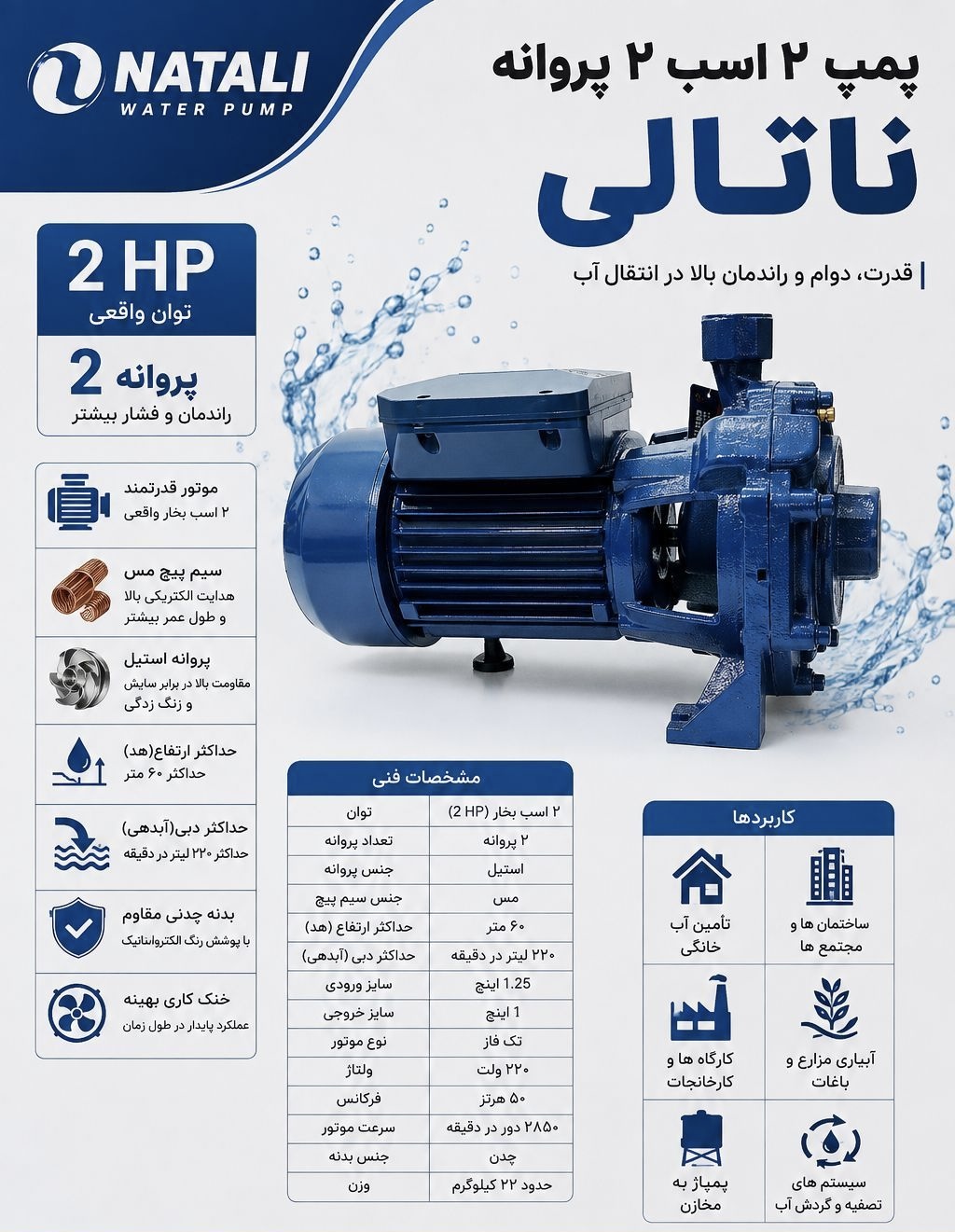 پمپ آب بشقابی ۲ اسب ناتالی مدل 2HP