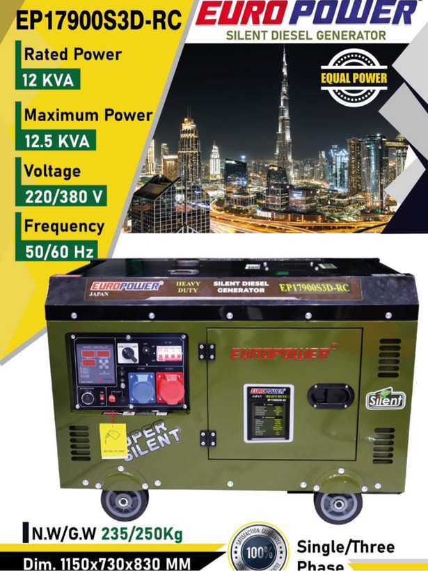 موتور برق گازوئیلی ۱۲/۵ کیلووات سوپر سایلنت یورو پاور مدل EP17900S3D-RC تکفاز سه فاز
