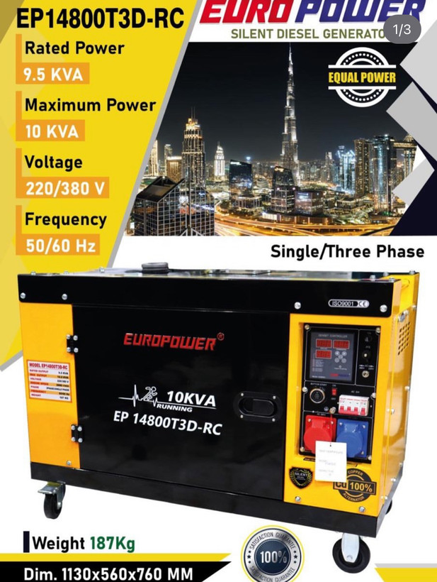 موتور برق گازوئیلی ۱۰ کیلووات سوپر سایلنت یورو پاور مدل EP14800T3D-RC تکفاز سه فاز