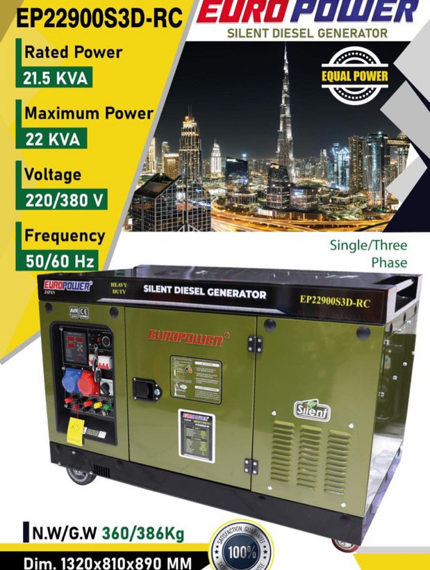 موتور برق گازوئیلی ۲۲ کیلووات ۲ سیلندر سوپر سایلنت یورو پاور مدل EP22900S3D-RC تکفاز سه فاز